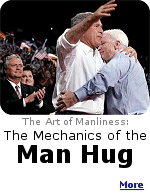 A firm, hearty handshake is always an appropriate way for men to greet each other. But when men achieve a greater familiarity, a man hug becomes appropriate. 